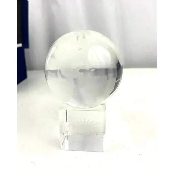 VTG Crystal Tabletop Etched Earth Globe W/Base Stand Blue Velvet Box - Picture 9 of 16